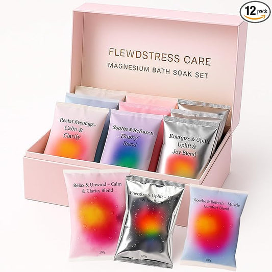 Flewdstress Care Magnesium Bath Soak Set – 12 Soaks, 4 Relaxing Varieties – for Relaxation, Restful Nights, Muscle Comfort & Uplifted Mood