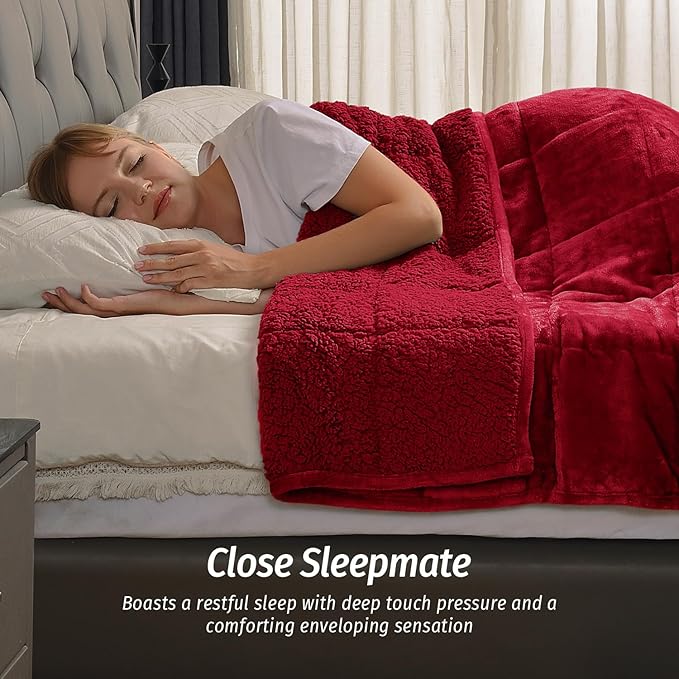 Wemore Sherpa Fleece Weighted Blanket for Adult, 15 lbs Dual Sided Cozy Fluffy Heavy Blanket, Ultra Fuzzy Throw Blanket with Soft Plush Flannel Top, 80 x 87 inches, Burgundy on Both Sides