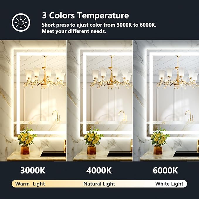 44x32 Inch LED Bathroom Mirror with Lights Front and Backlit Lighted Vanity Mirror for Bathroom Wall with 3 Colors Dimmable Anti-Fog Memory Shatter-Proof IP54 Waterproof Horizontal/Vertical