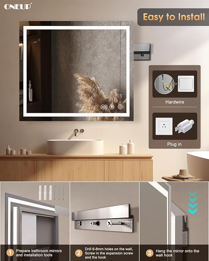 oneup 40''x36'' LED Bathroom Mirror with Lights,Front Lighted Bathroom Mirrors for Wall,Anti-Fog Vanity Mirror,Touch Button and Memory Function,Dimmable 3-Color Lights (Horizontal/Vertical)