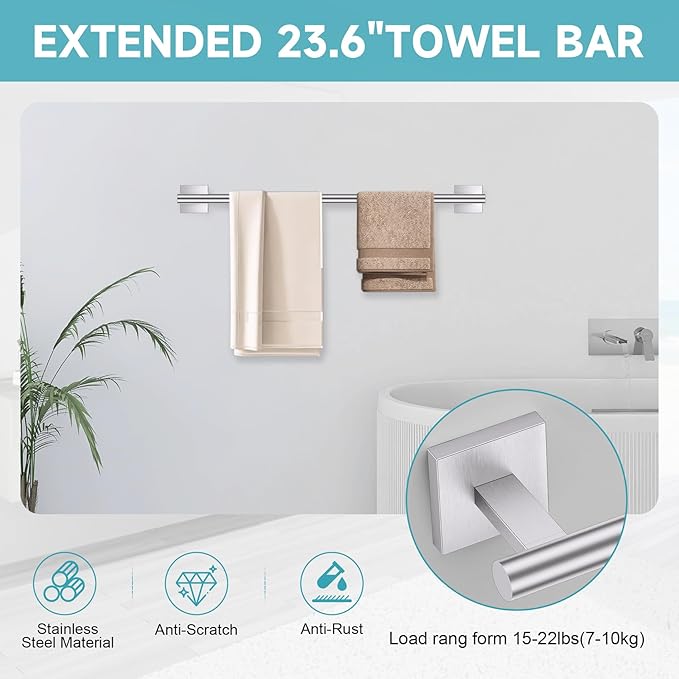 Brushed Nickel Bathroom Hardware Towel Bar Set, 5 Pieces Double Dase Toilet Paper Holder Bathroom Hardware Set, 23.6 Inch Stainless Steel Towel Racks for Bathroom Wall Mounted