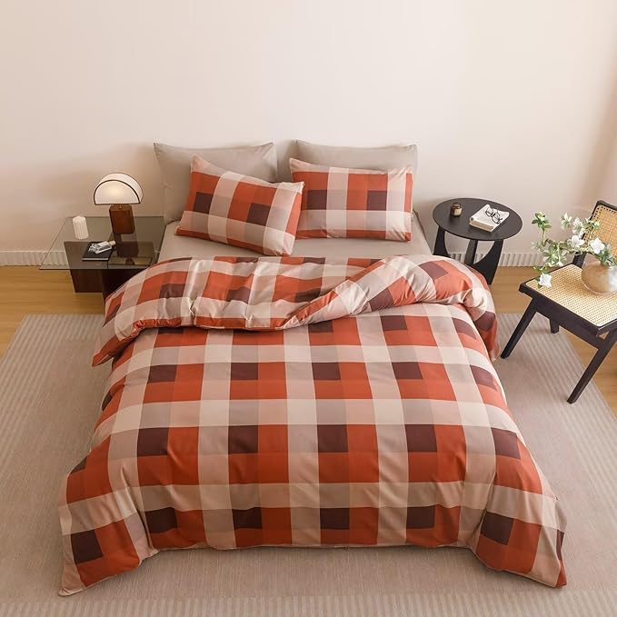 Cottonight Checkered Red Comforter Set Queen Men Gingham Grid Bedding Set Red and Khaki Grid Comforter Fluffy Soft Blanket Quilts Modern Cottagecore Comforter with 2 Pillowcases for Queen Bed