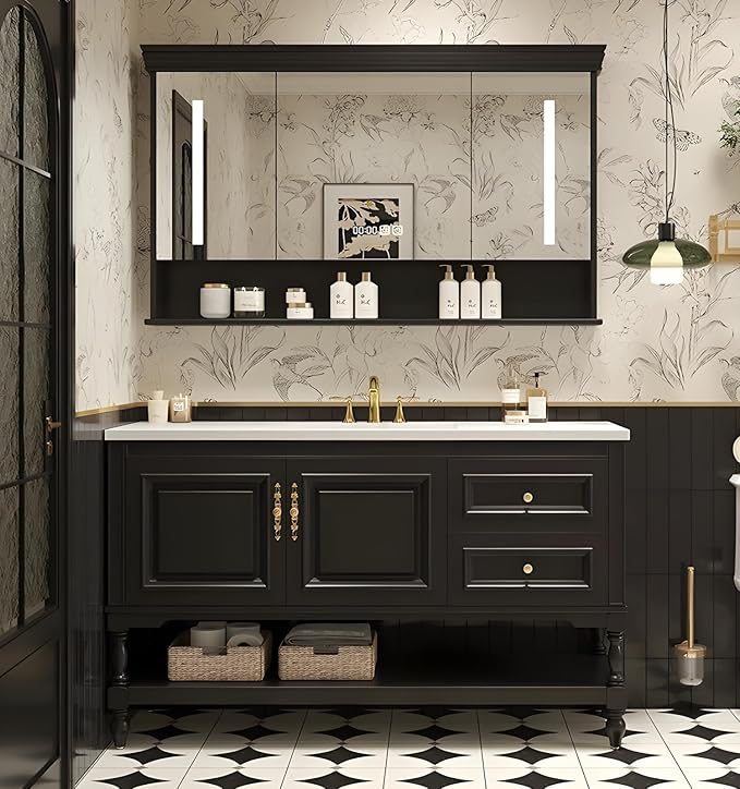 40" Bathroom Vanity with Sink,Freestanding Bathroom Vanity Large Storage Cabinet & Open Mirror Cabinet,2 Soft Closing Doors and 2 Drawers Solid Wood Luxury Bathroom Vanities Set,Black
