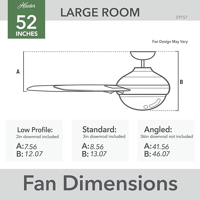 Hunter 52 inch Indoor Ceiling Fan with LED Light and Remote Control - Standard Mount Ceiling Fan, 3 Blades, For Bedroom, Living Room, or Kitchen - Sentinel 59157, Brushed Nickel