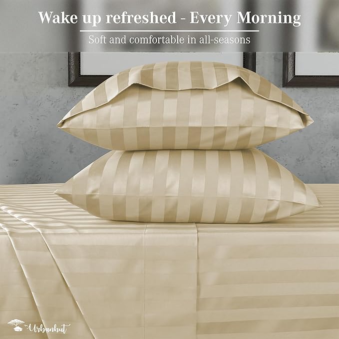 URBANHUT 1000 Thread Count Damask Striped Full Size Egyptian Cotton Sheets, Long Staple Soft & Breathable, 4 Pc Bed Sheet Sets, Luxury Hotel Sateen Sheets Fits 16" Deep Pocket - Sand