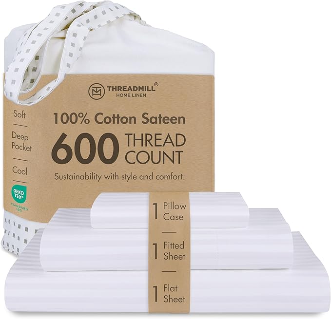 Threadmill 100% Cotton Sheets for Twin Size Bed - 600 Thread Count Twin Bed Sheets Set with 15” Deep Pocket - Damask Stripe Sateen Weave 3-Piece Bedding Set with Cooling Effect, White
