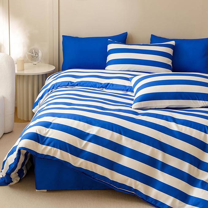 KAREVER Royal Blue White Stripes Comforter Set Full Size Royal Blue White Stripes Bedding Set 3 PCs Comforter Set Full Size Fluffy Linen Comforter Sets