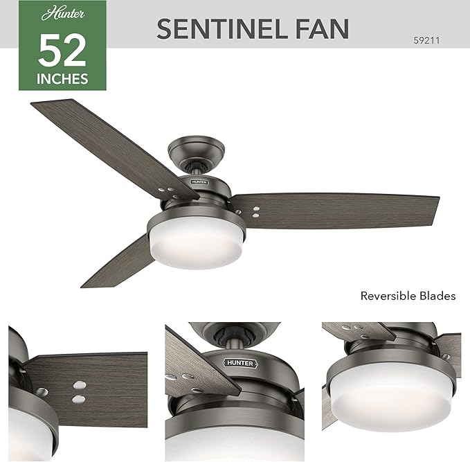Hunter 52 inch Indoor Ceiling Fan with LED Light and Remote Control - Standard Mount Ceiling Fan, 3 Blades, For Bedroom, Living Room, or Kitchen - Sentinel 59211, Brushed Slate