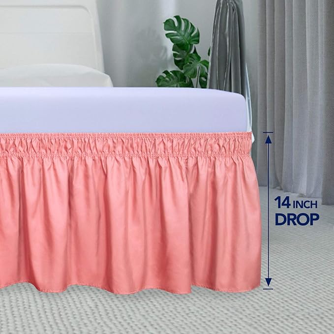 PureFit Wrap Around Ruffled Bed Skirt with Adjustable Elastic Belt - 14 Inch Drop Easy to Put On, Wrinkle Free Bedskirt Dust Ruffles, Bed Frame Cover for Queen, King and C-King Size Beds, Pink