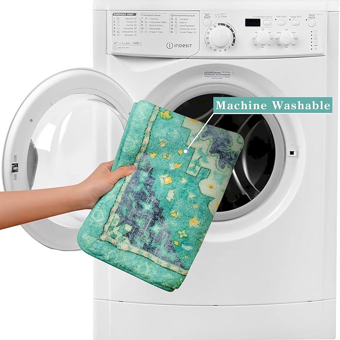 Uphome Boho Vintage Bathroom Rug Green Non-Slip Soft Bath Rug Machine Washable Oriental Bathroom Mat Traditional Farmhouse Floral Floor Mats for Bathtub Shower Entryway, 20x31 inch