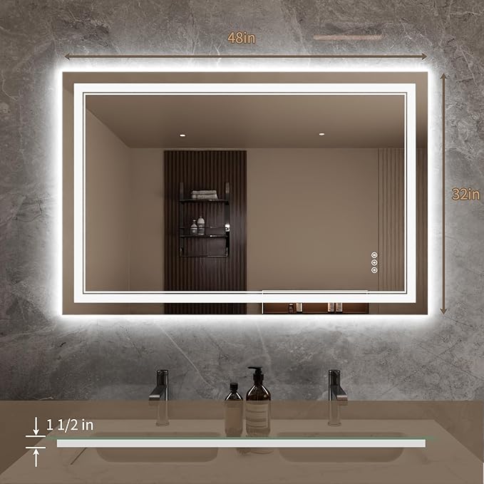 Bathroom Mirror with Lights 32"X48" with Front Light and Backlit, Tempered Glass, Wall Mount Horizontal/Vertical, Stepless Dimmable, 3 Colors, Anti Fog, Bathroom Memory LED Mirror