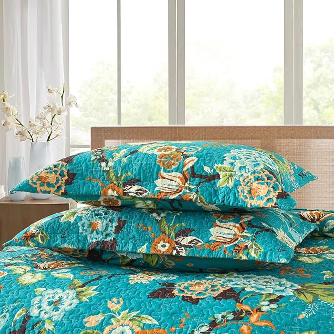 ENASAL Cotton Bedspread Quilt Sets Reversible Bedding Coverlet Sets Comforter, Vintage Floral Farmhouse Pastoral Turquoise Bedspread, Queen Size