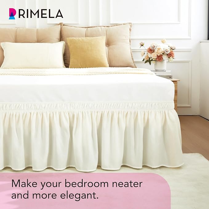 RIMELA Ivory White King Size Bed Skirt 15 Inch Drop, Elastic Bed Skirts Cal King Dust Ruffle, Bedskirt for Adjustable Bed Base Solid Fade Resistant Silky Fabric Machine Washable Easy to Install