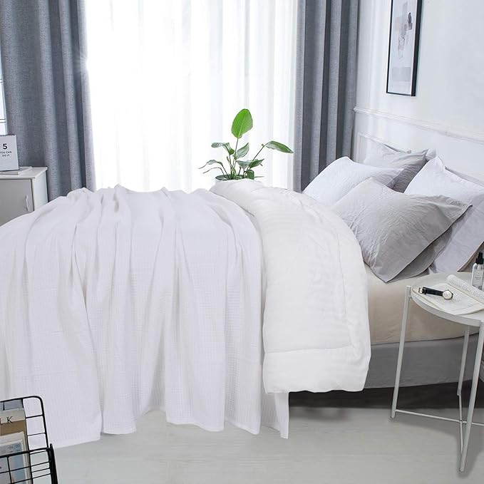 DOLLCENT 100% Cotton King Size Blanket for Bed, Premium Soft Combed Lightweight Blankets, Washed Breathable Cozy Bed Throw Blanket, White King Cotton Blankets for All Season: White (108"x90")