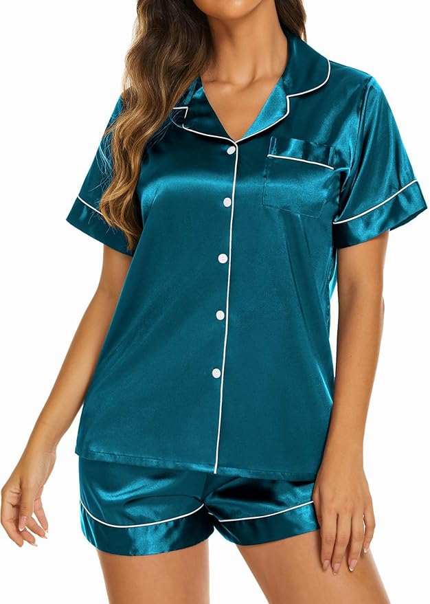 Ekouaer Silk Pajamas for Women Short Sleeve Sleepwear Soft Button Down Loungewear 2 Piece Satin Pjs Shorts Set