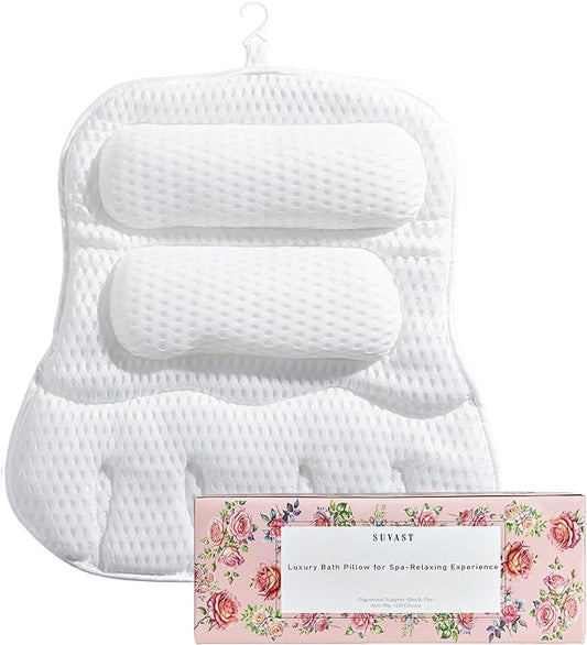 Luxury Bath Pillow for Tub, Dual Headrest & Back Support, 4D Air Mesh Quick-Dry Cushion, 10 Strong Suction Cups, Extra-Large Spa Bathtub Pillow Gift for Women(White)