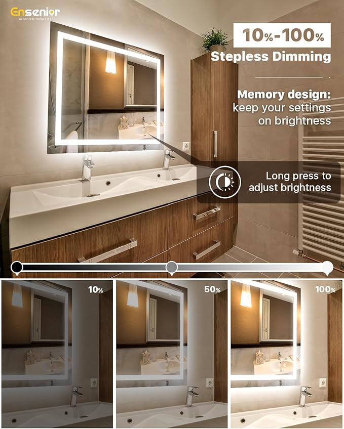 Ensenior LED Bathroom Mirror 40"x 32" with Front and Backlight, Stepless Dimmable Wall Mirrors with Anti-Fog, Shatter-Proof, Memory, 3 Colors, Modern LED Vanity Mirror-ETL & FCC
