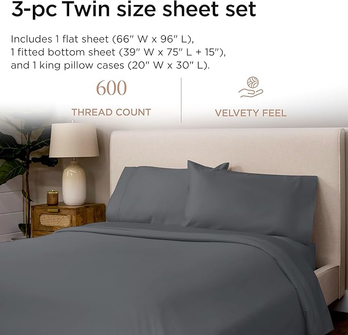 Hotel Quality Luxury 600 Thread Count 100% Cotton Twin Size Sheets, 3 Pc Sateen Weave Dark Grey Sheet Set, Premium Soft Sheets with Elasticized Deep Pocket by Threadmill
