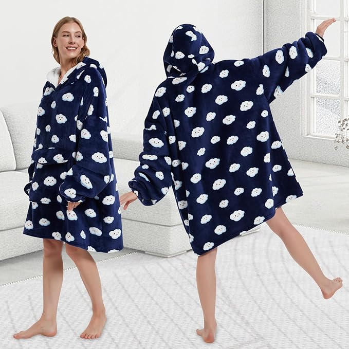 Wearable Blanket Hoodie for Adult,Oversized Sherpa Fleece Blanket Hoodie for Women Men,Navy Blue Cloud