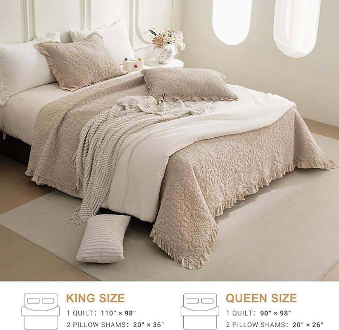 QSH 3PCs Stonewashed Cotton Quilt King (110"x98"), Dark Wheat Ruffled Quilt King Size Bedding Set,Ultra Lightweight Soft Crinkled Bedspread Coverlet King Shabby Farmhouse Chic Bedding for All Seasons