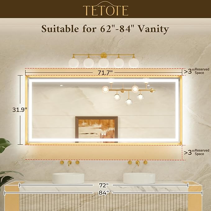 TETOTE 72 x 32 Large Bathroom Mirror Brushed Bright Nickel Metal Frame Frontlit & Backlit Vanity Mirror 3 Colors White/Warm/Natural Stepless Dimmable Anti-Fog Bathroom Mirrors for Vanity Wall-Mounted