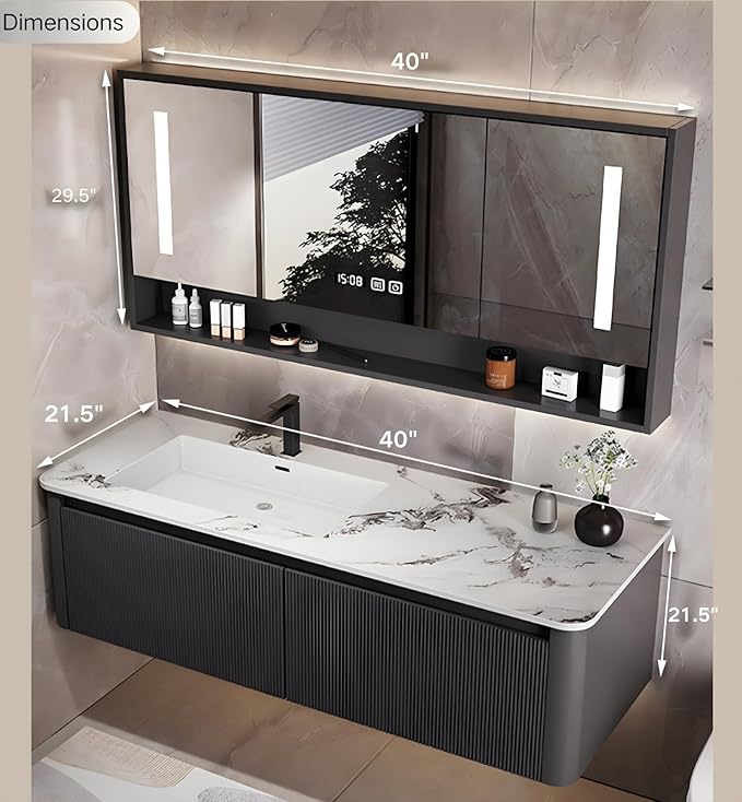 Bathroom Vanity Cabinet, 40" Bathroom Vanity with Sink & Intelligent Defog LED Mirror, Solid Wood Float Vanities, Wall-Mount Bathroom Cabinet with Drawer, Undermount Single Sink, Faucet, Drain(Black)