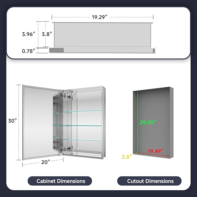 Medicine Cabinet 20" x 30", Bathroom Medicine Cabinet with Mirror, Recessed Medicine Cabinets with Adjustable Shelves, Soft-Closing Door, and Aluminum Alloy Frame - Reverse Installation, Silver