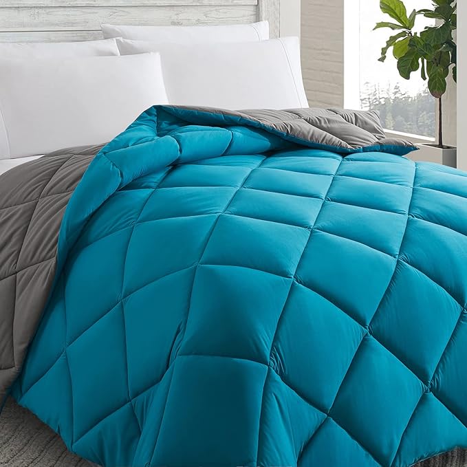 Cosybay Down Alternative Comforter (Algiers Blue/Dark Grey, Queen) - All Season Soft Quilted Queen Size Bed Comforter - Duvet Insert with Corner Tabs -Winter Summer Warm Fluffy, 88x92inches