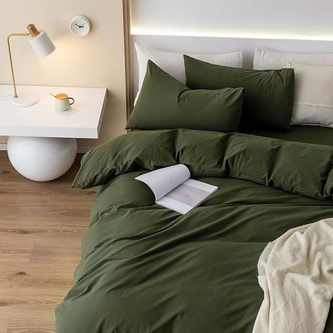 JIYUAN 100% Washed Cotton Duvet Cover Set 3 Pieces Oversized Queen, 1 Duvet Cover 98x98 Inches(Comforter Not Included) and 2 Pillowcases,Linen Feel Bedding Set Comfy and Breathable,Olive Green