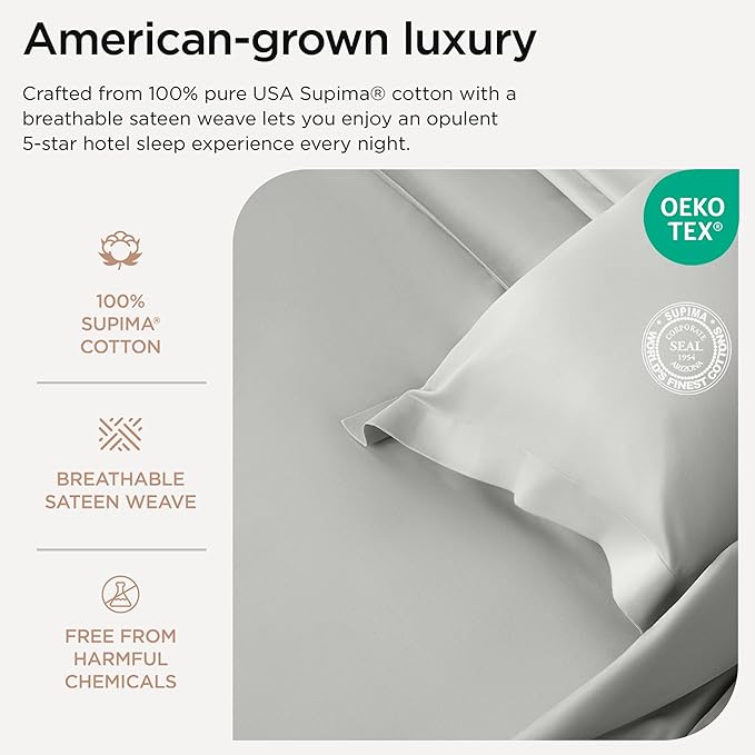 Threadmill Luxury Supima Cotton Sheets, 1000 Thread Count Soft 100% Cotton Sheets for King Size Bed, 4 Pc Light Grey King Bed Sheet Set, 5-Star Hotel Quality with Elasticized Deep Pocket King Sheet