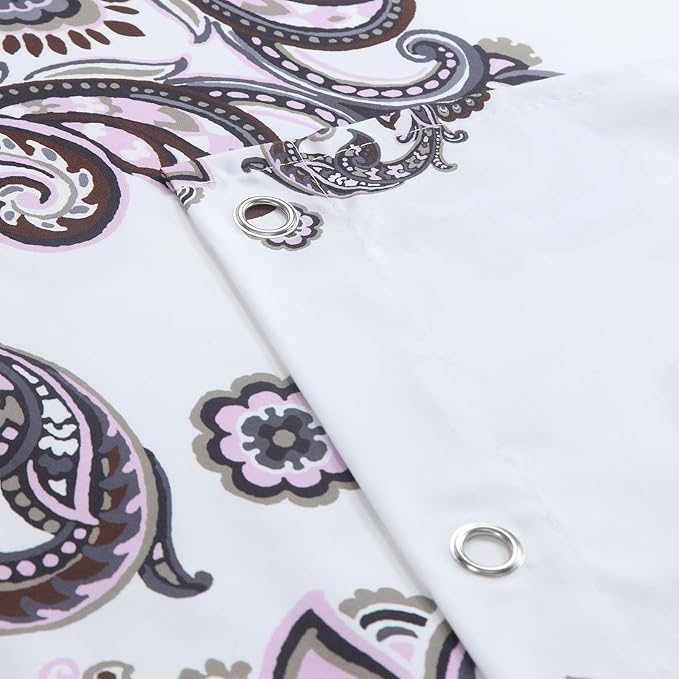 Luxury Shower Curtain, White Bath Curtain with Baroque Brown & Pink Paisley Medallion Print, Waterproof Soft Polyester Fabric, 72" W x 72" H