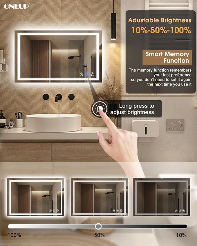 oneup 40''x24'' Bathroom Mirror with Lights,Front Lighted Bathroom Mirrors for Wall,Anti-Fog Smart Vanity Mirror,Touch Button and Memory Function,Dimmable 3-Color Lights (Horizontal/Vertical)