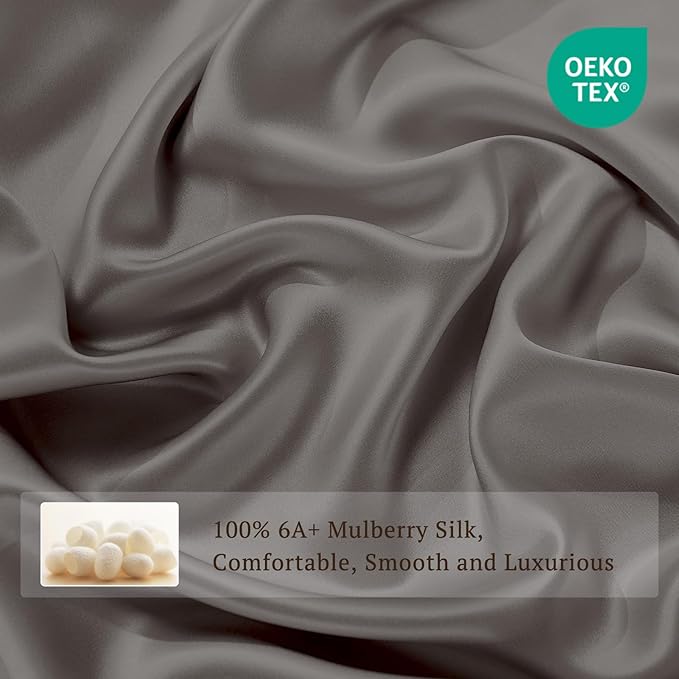 THXSILK 100% Pure Mulberry Silk Duvet Cover Set 3 Piece, 6A+ Grade Luxury Soft Bedding Silk Sheets for Hair and Skin, 1 Pcs Quilt/Comforter Cover with 2 Zippered Pillowcases (Charcoal, Cal. King)