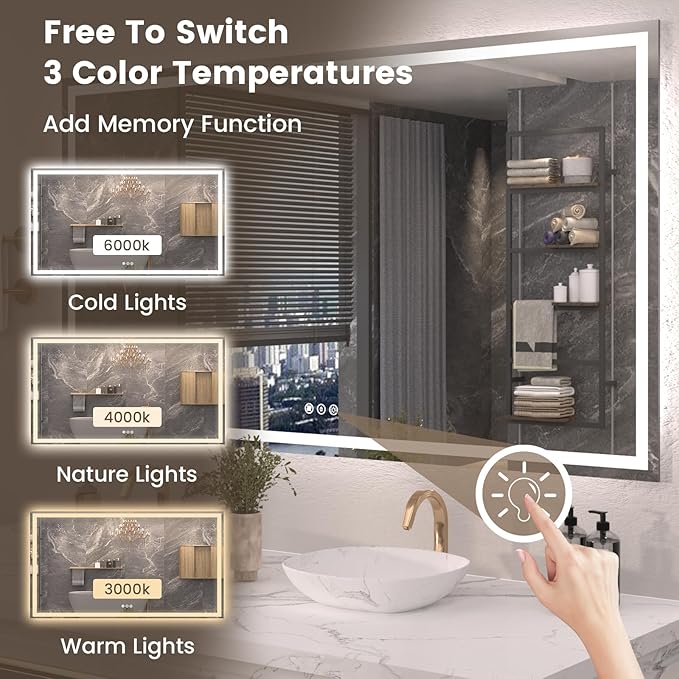 72"X40" LED Bathroom Mirror with Front Lights and Backlit, Anti-Fog, Dimmable, Shatter-Proof Tempered Glass, Lighted Bathroom Vanity Mirror for Wall with 3 Colors, Memory Function