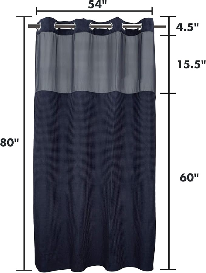 River Dream Navy Blue Fabric Shower Curtain Set, Cotton Blend, Waffle Weave, with Snap in Replacement Liner，54 x 80inches