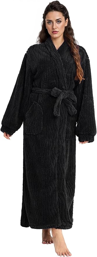 Artfasion Womens Long Fleece Robe - Warm Soft Floor Length Flannel Bathrobes for Winter Thicker Long House Coat with Pockets