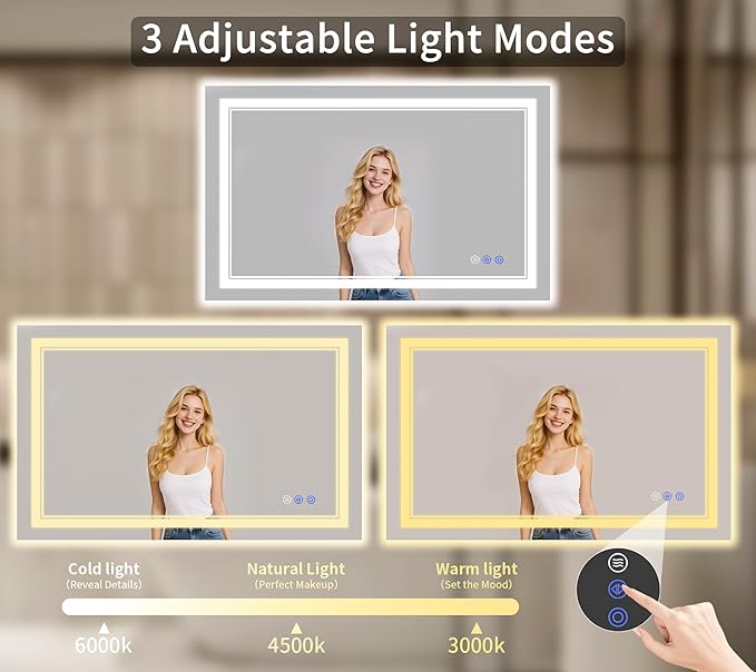 30"x50" LED Bathroom Mirror with Lights, Anti-Fog, Backlit + Front Lit, Dimmable, Led Vanity Mirror for Wall, Lighted Bathroom Mirror, 3 Colors, Shatter-Proof Tempered Glass