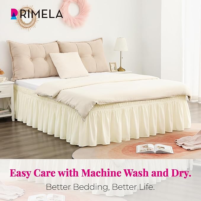 RIMELA Cream Bed Skirt King Size 15 Inch Drop, Elastic Bed Skirting for Bed Base and Frame, Lightweight Wrap Around Adjustable Bedskirt, Bedding Dust Ruffle Easy to Install