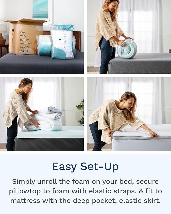 ViscoSoft 4 Inch Pillow Top Memory Foam Mattress Topper Full XL - Cooling Hybrid Lux Dual Layer Bed Mattress Pad - CertiPur-US Certified