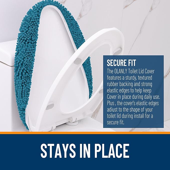 OLANLY Soft Chenille Bathroom Toilet Lid Cover, Machine Washable Seat Covers, 17.5x15, Stays in Place Rubber Backing, Fits Most Round, Elongated and Oblong Lids, Accessories Decor, Peacock Blue