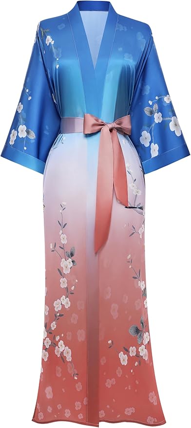 PRODESIGN Kimono Robe for Women - Long Satin Sleepwear Silky Kimono Cover-Up Nightgown Japanese Bathrobe Loungewear Blouse