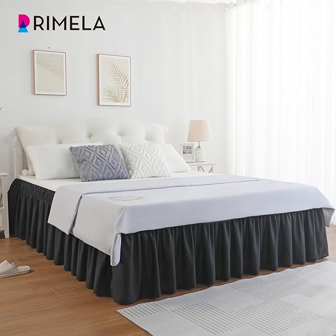 RIMELA Black Bed Skirt King Size 15 Inch Drop, Elastic Bed Skirting for Bed Base and Frame, Bedding Dust Ruffle Easy to Install, Lightweight Wrap Around Adjustable Bedskirt