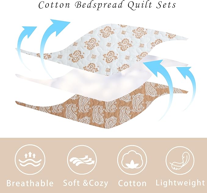 Terracotta Quilts Queen Size, Cotton Queen Comforter Set, Orange Grey Bedding, Lightweight Bedspread Machine Washable 3 Piece