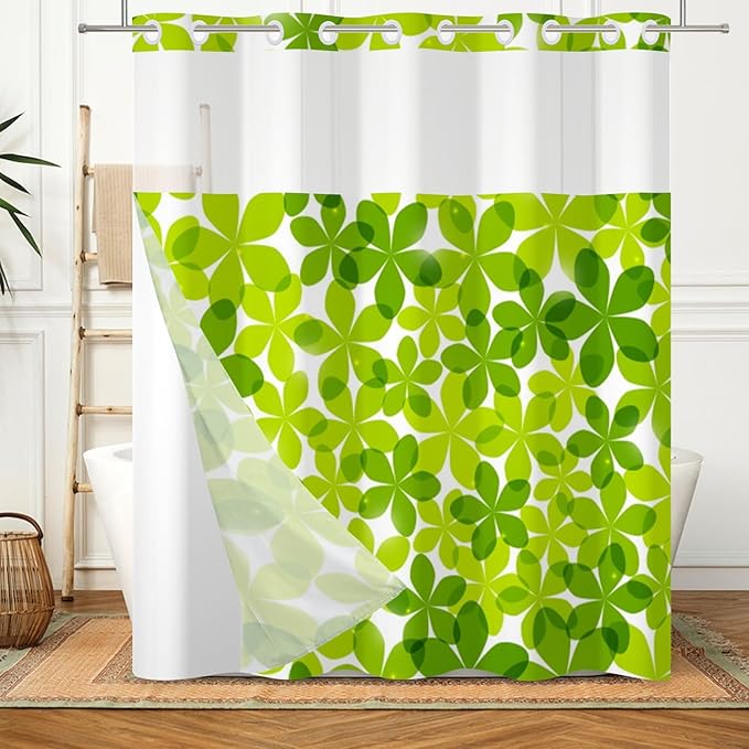 Green Flower Shower Curtain No Hooks with Snap-in Fabric Liner Set,Spring Leaves Shower Curtain for Bathroom,Hotel Decor Waterproof Shower Curtains,with See Through Top Window,71W x 74H