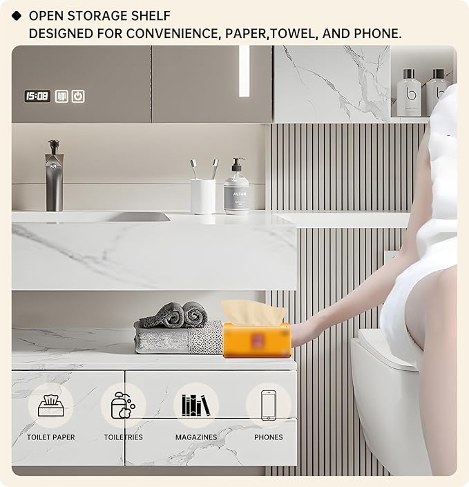 Floating Bathroom Vanity with Sink, Solid Wood Bathroom Vanity Set, Smart Defogging Mirror & Induction Side Cabinet & Large Storage - Elegant Bathroom Vanities (White,36IN)