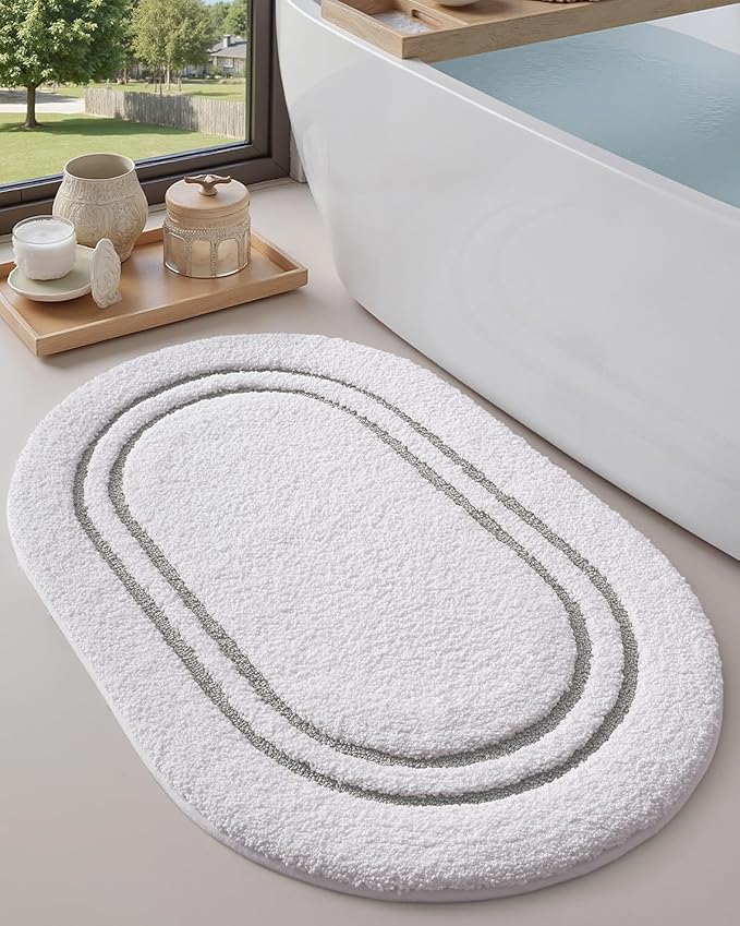DEXI Oval Bath Mats for Bathroom, 24x36 Absorbent Bath Mat, Washable Microfiber Bathroom Rug with Non Slip Backing for Shower Floor, Light Grey