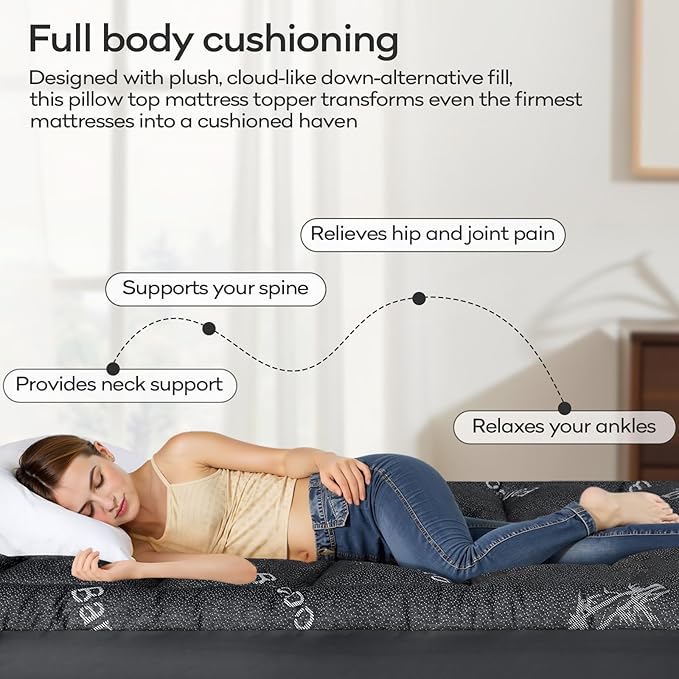 OLANLY Full Mattress Topper – Viscose Made from Bamboo, Cooling Soft Full Pillow Top Mattress Pad for Back Pain Relief, Plush Down Alternative Fill Bed Topper with Elastic Deep Pocket, Dark Gray