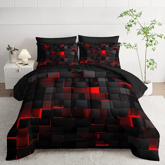 7pc Black & Red Comforter Set Queen - 3D Cube Bed in a Bag, Geometric Pattern, Soft Microfiber Bedding, All Season