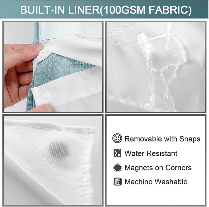 YellyHommy No Hook Shower Curtain with Snap in Liner Set Less Waffle Shower Curtain for Bathroom (Cyan, 81" L x 72" W)