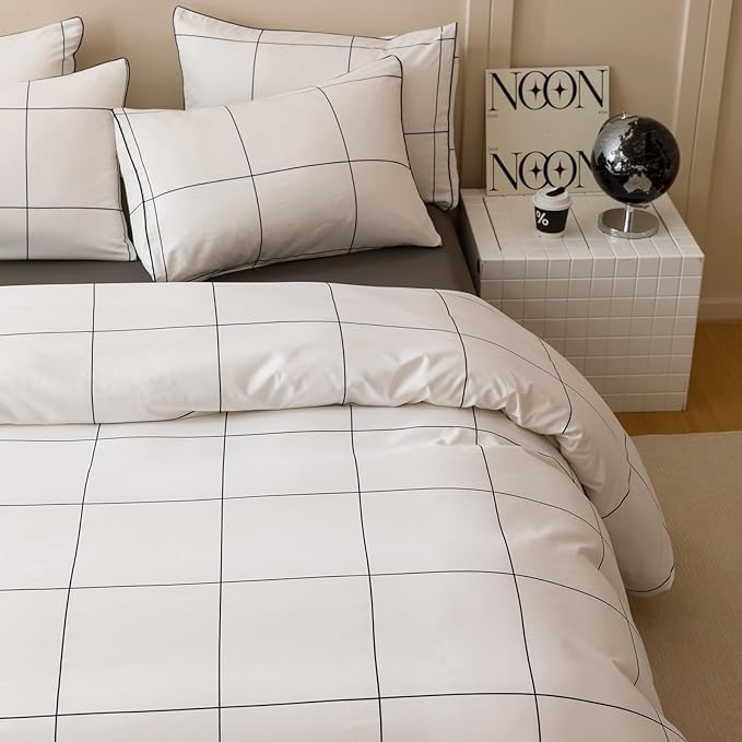 KAREVER White Grid Comforter Twin Boys Grils Black Square Lines Checkered Bedding Set Twin White Plaid Comforter Twin Size